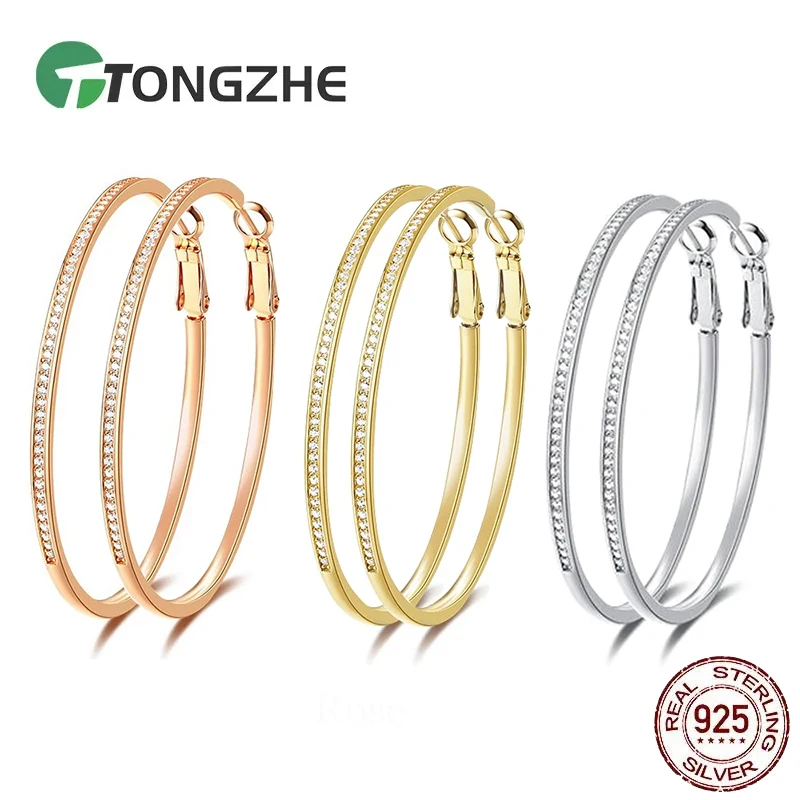 

TONGZHE стерлингового серебра 925 пробы Huggie большие серьги-кольца модные украшения женские аксессуары циркон круглые золотые серьги-кольца 2020