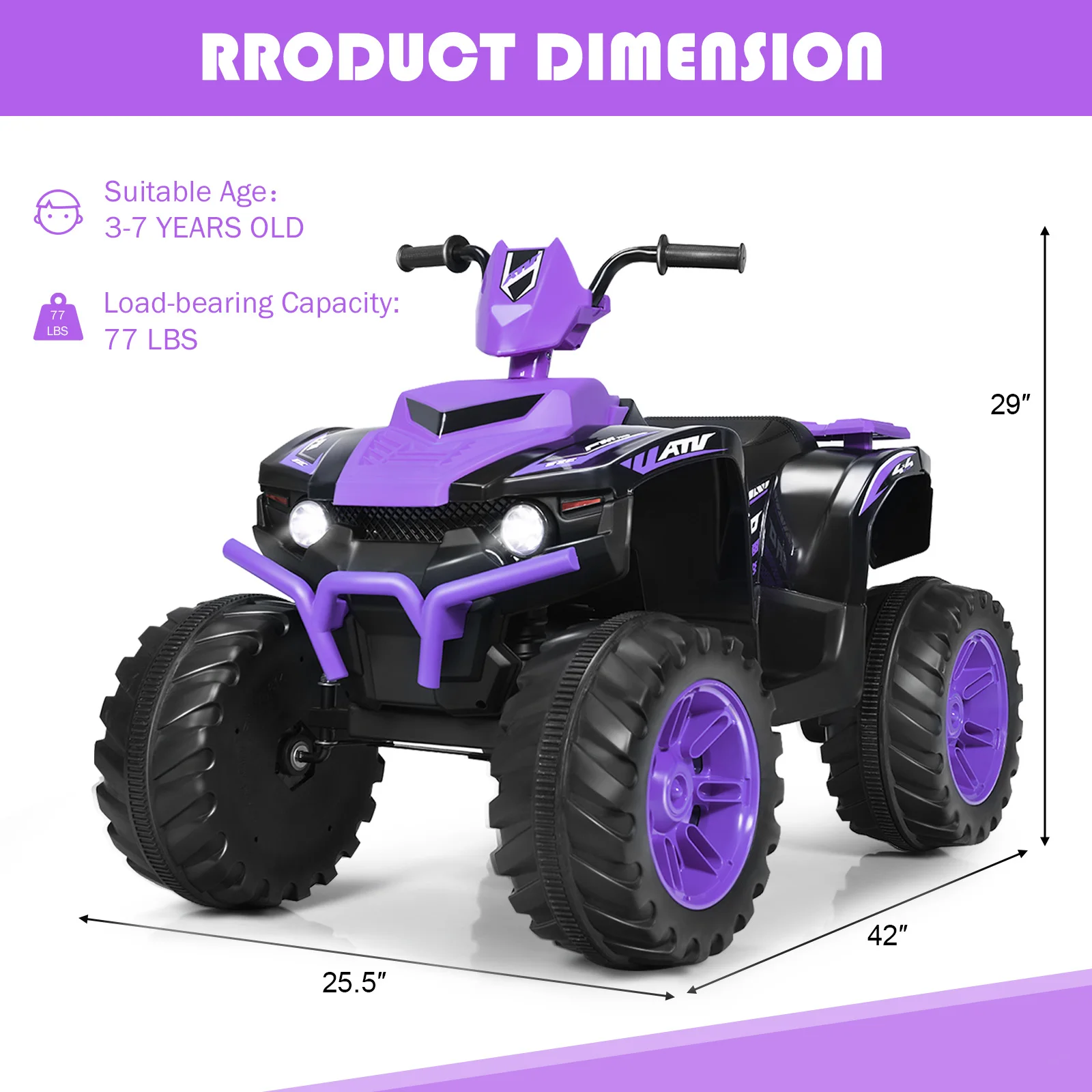 ATV Quad Ride On Car con luz LED y música púrpura para niños, 12V, 4 ruedas