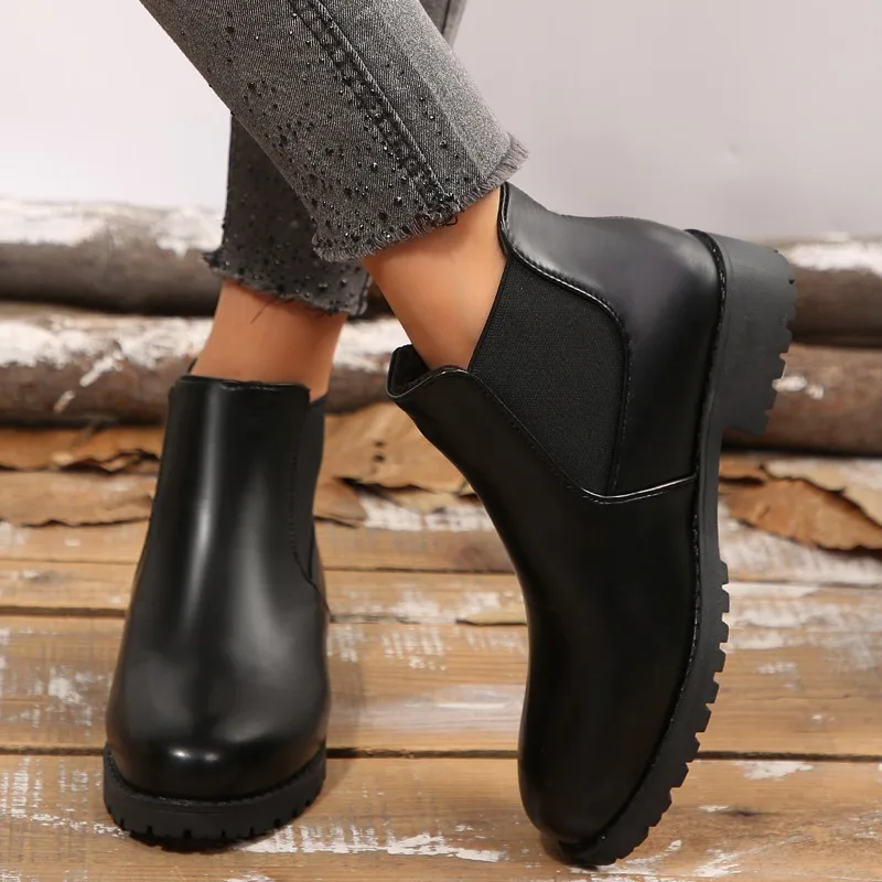 Hot Sale Women 3.5cm Block Heel Chelsea Boots Slip on Elastic Side Lug Sole Durable Outsole Versatile Casual Short Boots