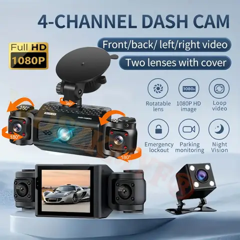 360 ° 자동차 대시 캠 4 채널 비디오 레코더 1080P 자동차 DVR 24H 주차 모니터 전면 후면보기 야간 투시경 블랙 박스