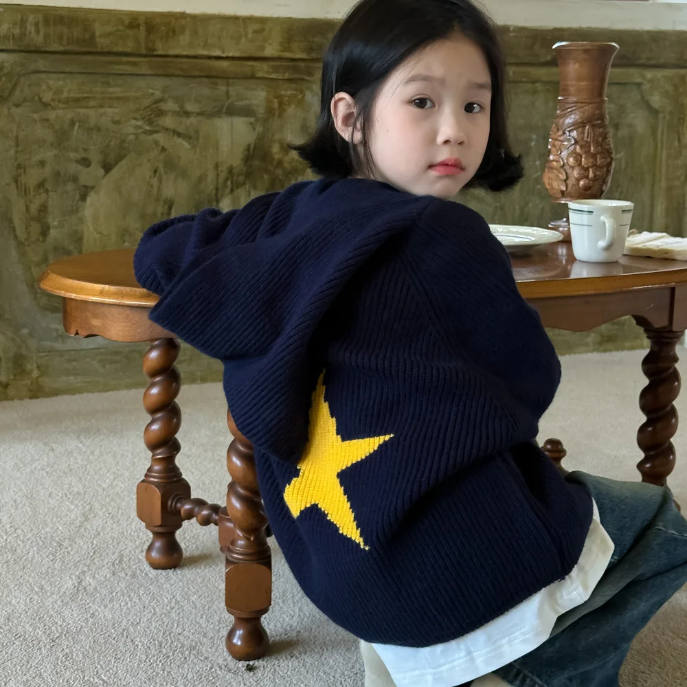 Children Sweater 2024 Autumn Girls Korean Letter Five-pointed Star Wool Coat Children Baby Fashion Hooded Loose Knit Top