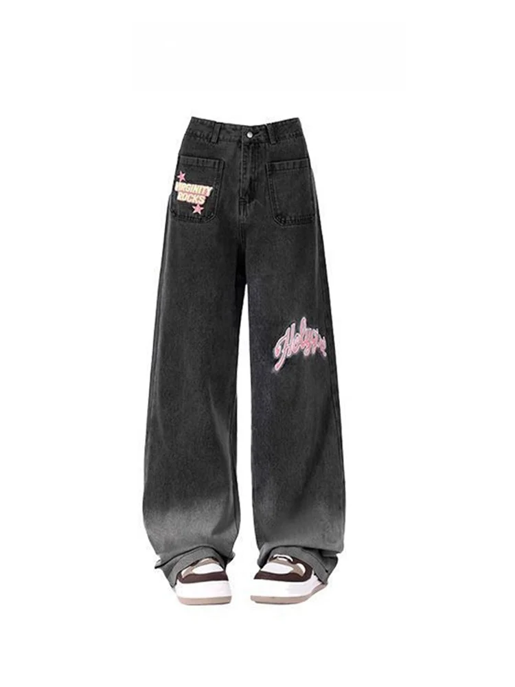 

High Waist Wide Leg Jeans Women's Spring Vintage adient Letter Pattern Design Slimming Straight Cut Trendy Long Pants