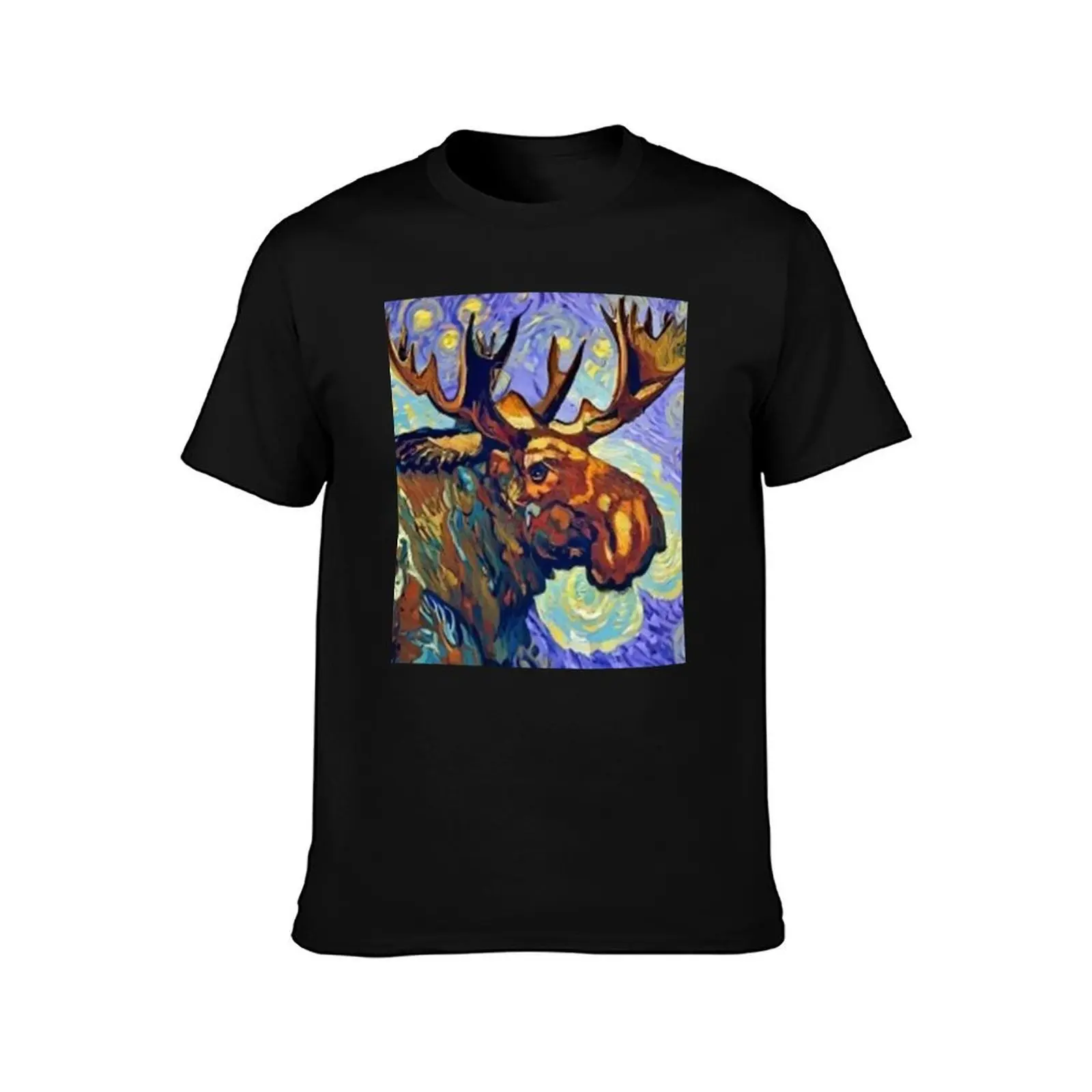 Funny Moose in Van Gogh Style Art T-Shirt Comfortable Basic Crew Neck Tee T-Shirt