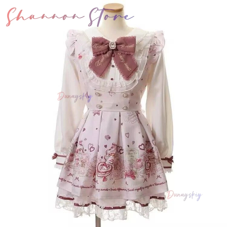 Japanese Lolita Dress Women Bow Shorts Dress Set Sweet Long Sleeve Printed Vintage Dresses Party Kawaii Cosplay Y2k Outfits - view 4