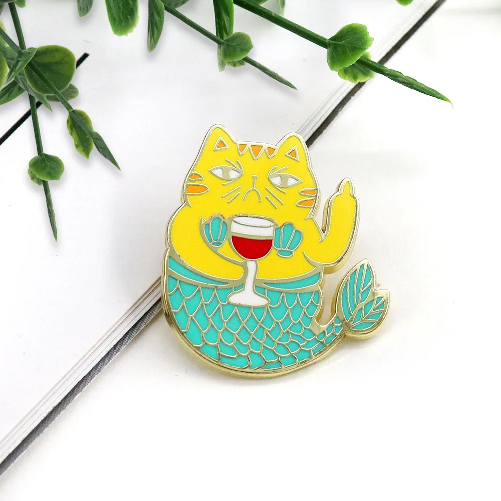 Funny Gold Drunk Mercat Brooch Ignite your imagination deep blue sea with this cat mermaid metal badge pin accessory