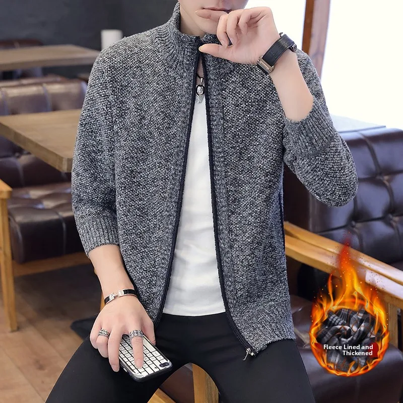 

Мужской вязаный кардиган-свитер утепленный, свободного кроя, на молнии, для среднего возраста, зимний, повседневный