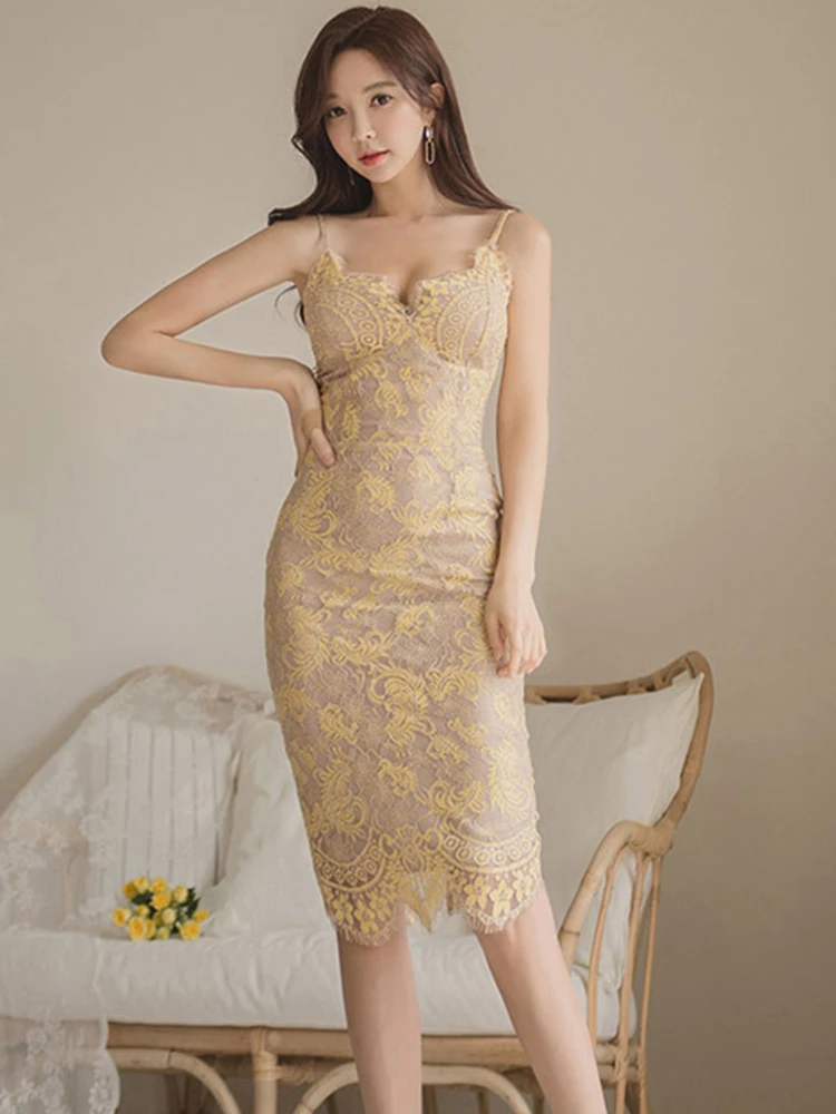 

new arrival women sexy Spaghetti Strap formal dress fashion casual elegant temperament slim high quality basic lace pencil dress