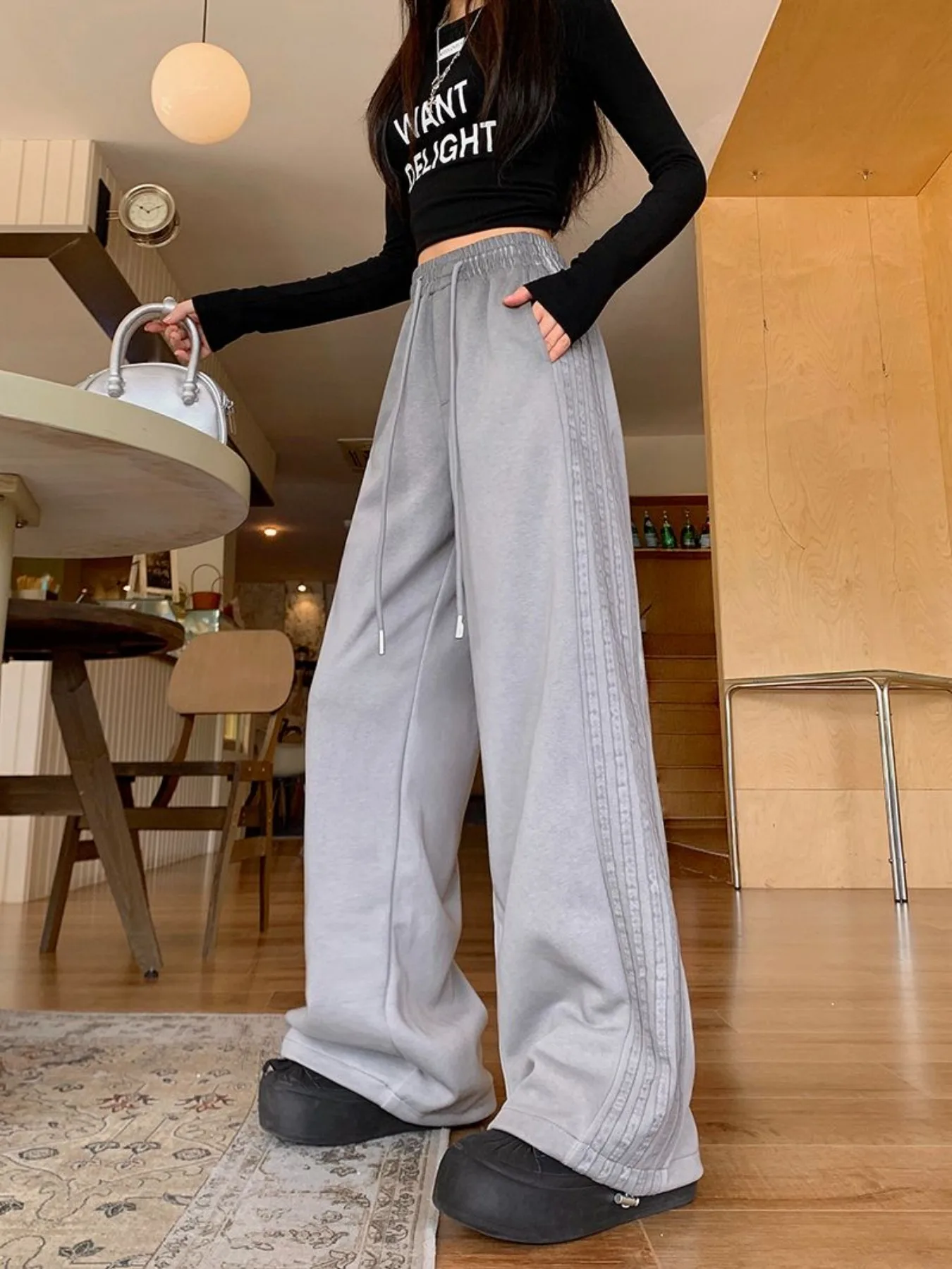 المرأة حجم كبير مخطط السراويل الطويلة الربيع/الخريف فضفاض الشارع الشهير واسعة الساق بنطلون موضة عادية Y2K مستقيم الساق السراويل #6