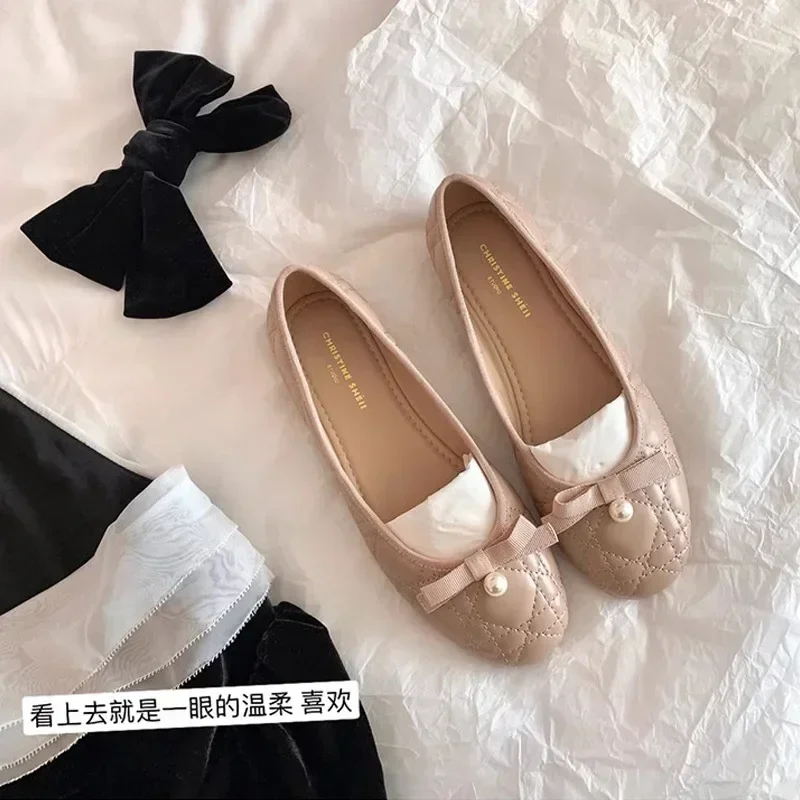 Women's Flats Miss Su Yinyin's Same Style Flower Yang~Sweet Bow Sheepskin Diamond Grid Pearl Ballet Shoes for Women Woman Shoe