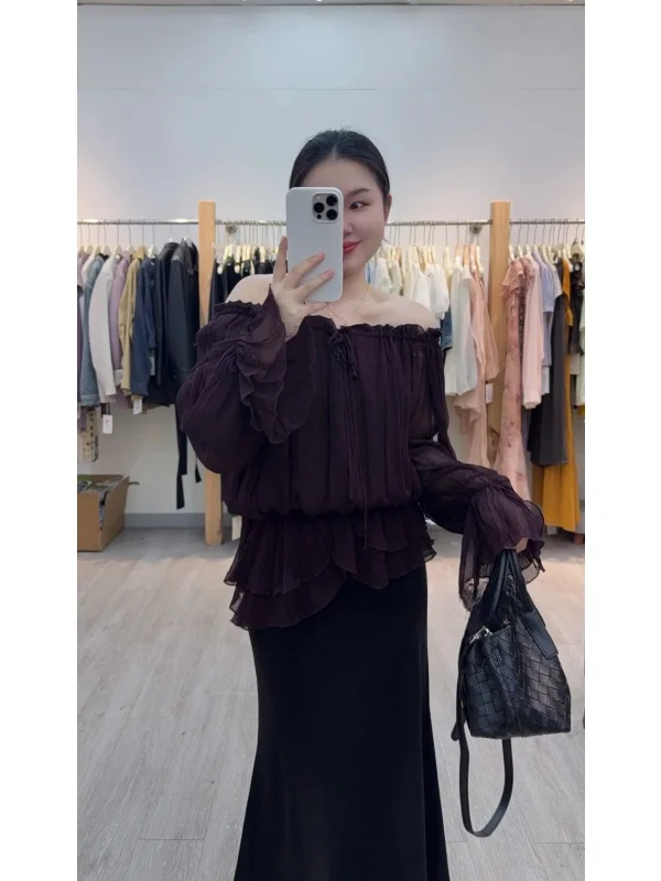 

Elegant Purple One-Shoulder Shirt Women's Fashion Spring Autumn 2025 Floral Lace Trim French Style Long Sleeve round Neck Shirt
