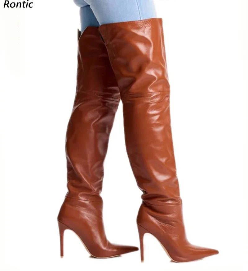

Rontic Custom Crafted Brown Thigh-High Boots Slim Stiletto Heel Design Pointed Toe Premium Leather - Artisan Made Size 5-15