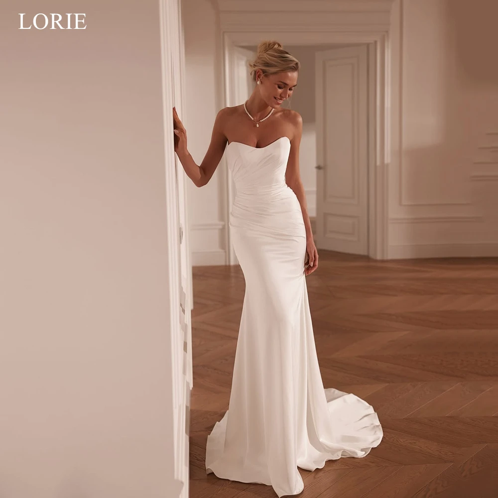 

LORIE Simple Satin Civil Wedding Dresses Pleated Strapless Bridal Dresses Sheath Mermaid Lace-Up Vestidos De Novia Customized