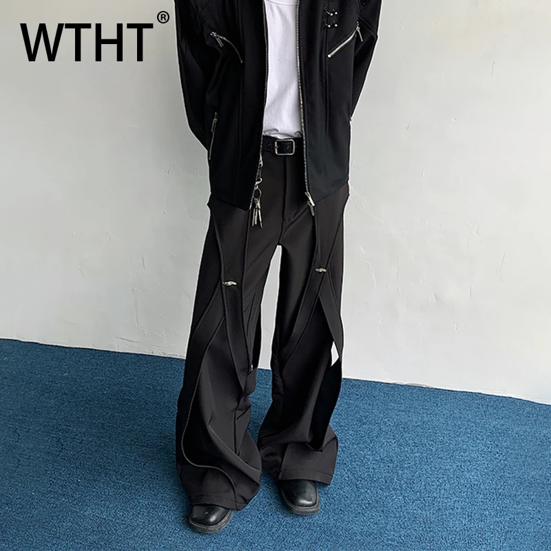 

WTHT модные летние мужские брюки WTHT 2025 года со сращенными искусственными заклепками, модные свободные прямые брюки с высокой талией, мужские 2A1241