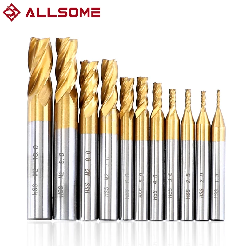 1.5-10mm Milling Cutter Set Metric 4 Flutes Titanium High Speed Steel CNC Mill for Wood Metal Milling Cutting Tools