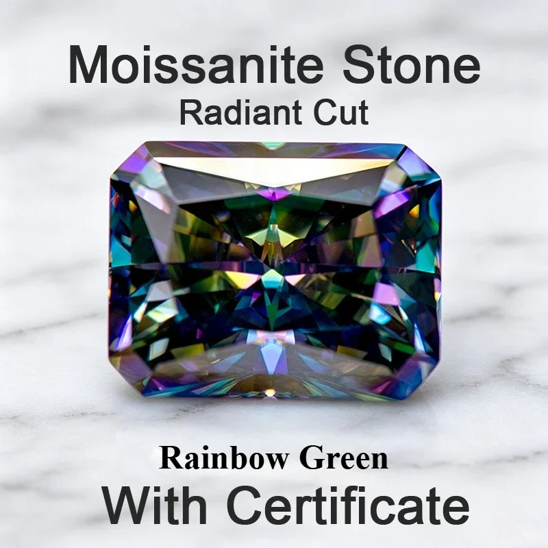 Moissanite Stone Radiant Cut Rainbow Green Lab Grown Gemstone for DIY Charms Jewelry Making Pass Diamond Tester with Certificate