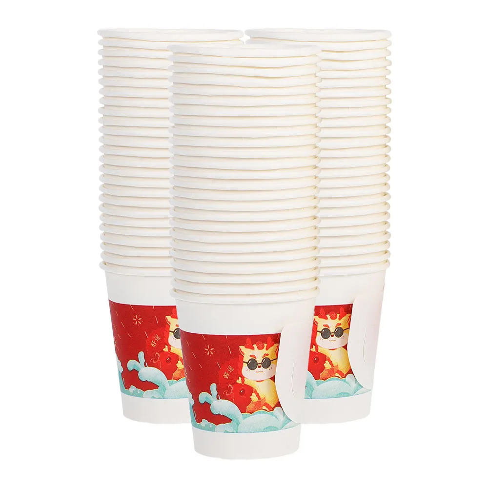 

100Pcs Sturdy Handle Paper Cups Festive Chinese Themed Disposable Beverage Cups for Banquet Party Wedding Events