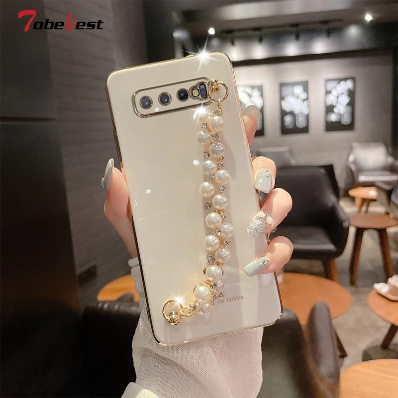 Diamond Pearl Bracelet Chain Painting Silicone Case for Samsung Galaxy S10 Plus Lite A91 Coque Square Cover