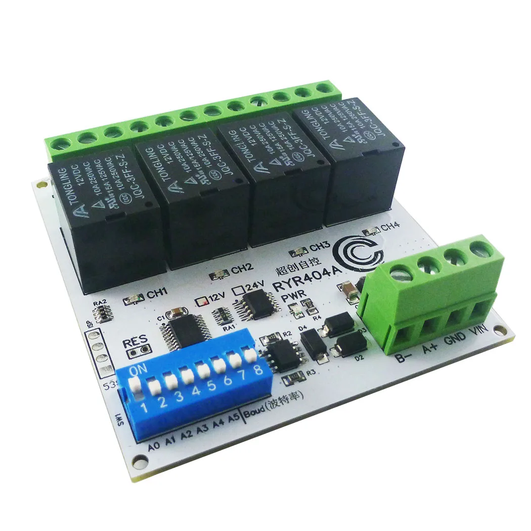 The DIP Switch Set Parameters of Industrial Grade 4DO Relay Module Modbus RTU PLC IO Expanding Board RYR404A DC 12V 24V RS485