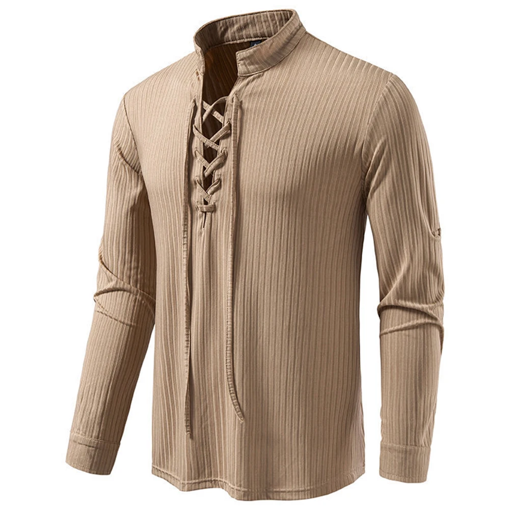 1pc Mens Striped Long Sleeve Shirts Striped Lace Up Medieval Hippie Cosplay For Retro Style Shirt For Renaissance Costume