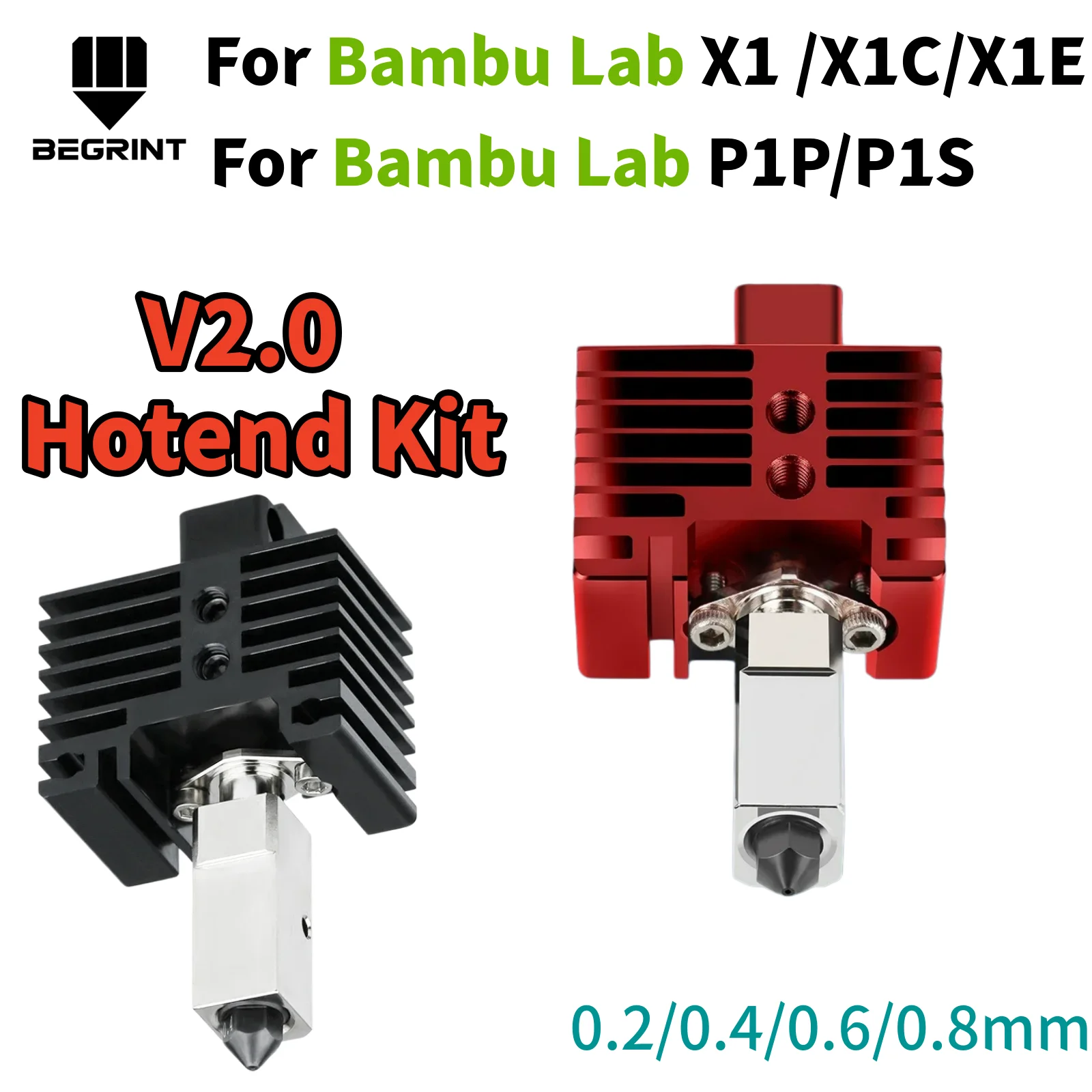Kit Hotend Bimetálico Versión TZ 2.0 Mejorada para Bambu Lab X1 X1C X1E P1P P1S, Termistor de Latón y Cobre, Boquillas Resistentes de 0.2/0.4/0.6 mm