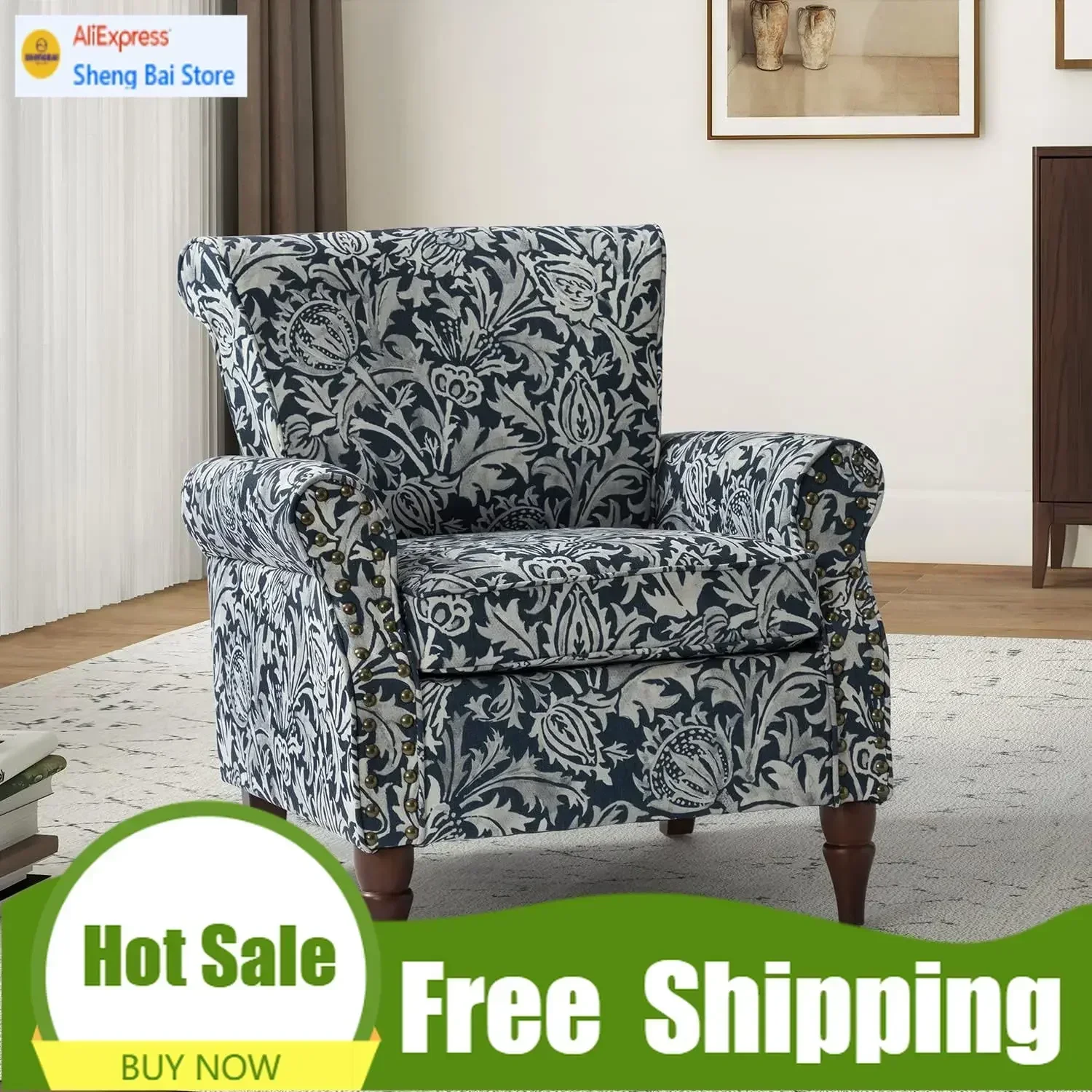 BestsellerBestsellerModern Wingback Accent Chair with Wood Legs & Removable Cushion, Comfy Upholstered Armchair with Nailhead Tr