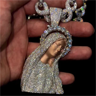 Men's Hip Hop Iced Out Virgin Mary Pendant,,Plated Cuban Chain, Rapper Bling Jewelry, 925 Silver, Gift pendant