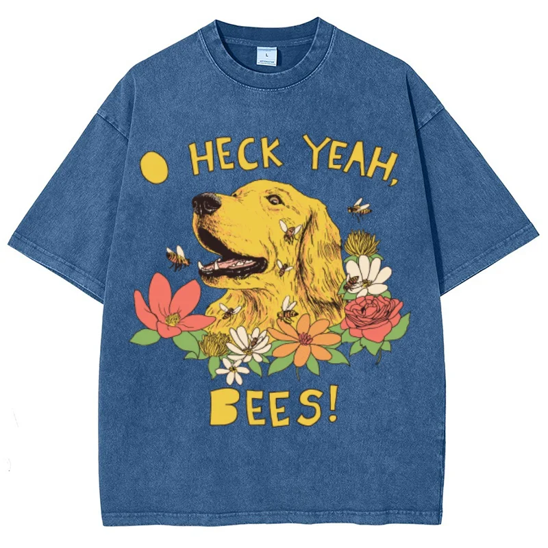 Cartoon Yellow Labrador Puppy Print Women's T-Shirt Loose Large Size Washed Short Sleeve Cute Casual Simple Style Fashion Top