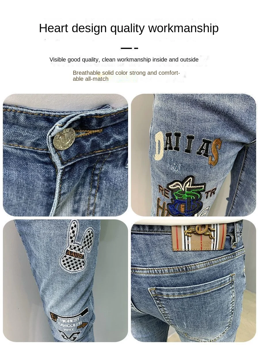 Luksusowa marka męska Slim Denim Jeans Casual Pencil Pants z haftem 2024 Nowa koreańska moda Jesień Lato Niebieskie długie spodnie