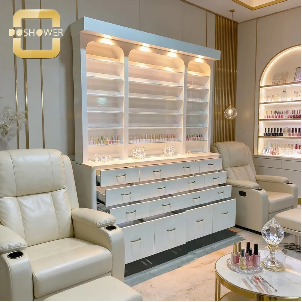 White Composite Wood Nail Polish Display Cabinet with Storage Shelf with New Design for Salon Nail Art Display Stand