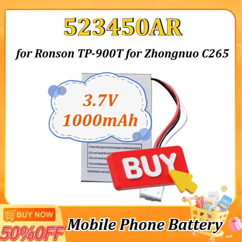 

3.7V 1000mAh 523450AR Battery for Zhongnuo C265 LI523450AR for Ronson TP-900T 523450A HWCD6238(10) Wireless Phone HR8188TC