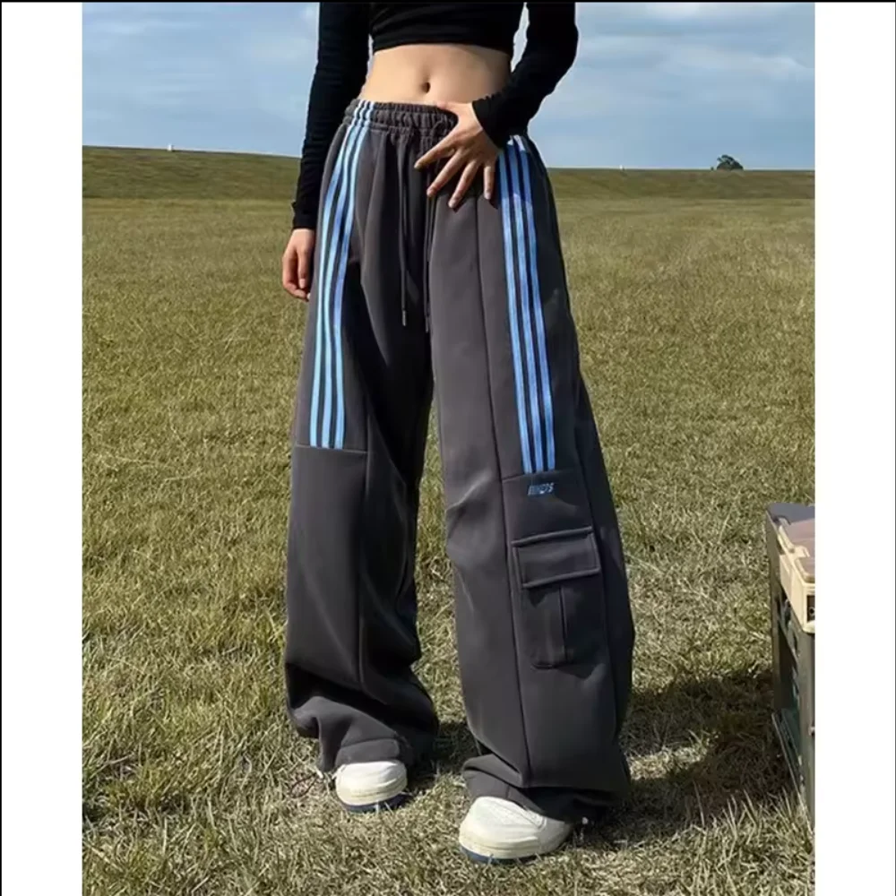 Oversized Striped Sweatpants Women Y2K Streetwear Cargo Pants Harajuku Wide Leg Joggers High Waist Baggy Sports Trouser Matching