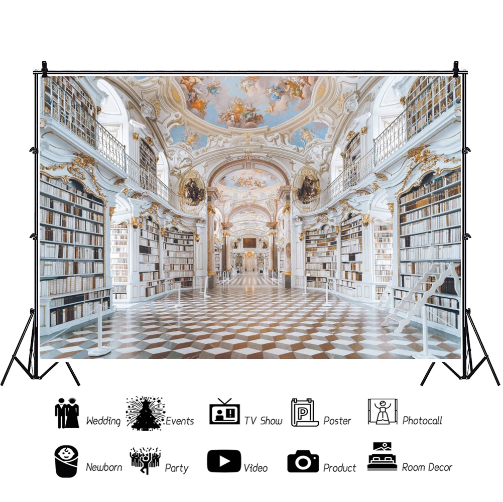 ゴージャスなライブラリインテリアの背景レトロな城の本棚ゴッド天使のjesus子供大人の肖像画写真の背景スタジオ