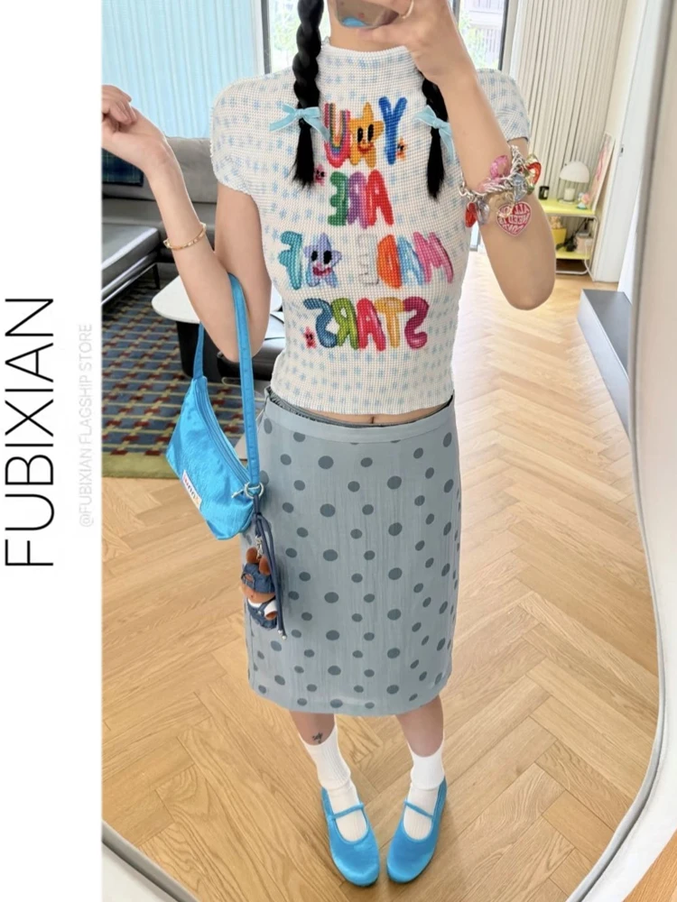 Summer New Polka Dot Print Midi Skirt Greenish Blue Double Layer Design Casual Straight Cut Half-length Skirts for Women