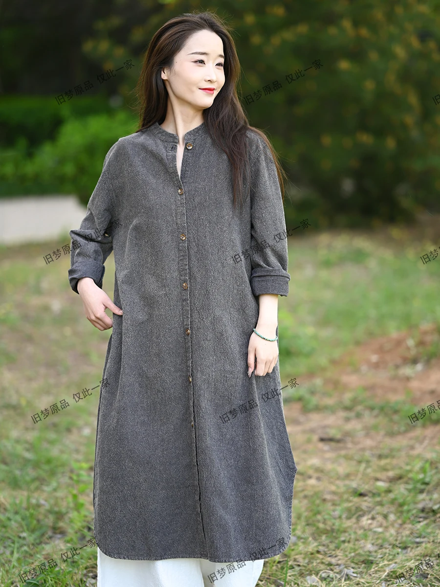 

100% льняная женская повседневная длинная рубашка, Новое поступление, осень 2025 года, винтажный стиль, воротник-стойка, однотонные свободные женские топы, рубашки M2074