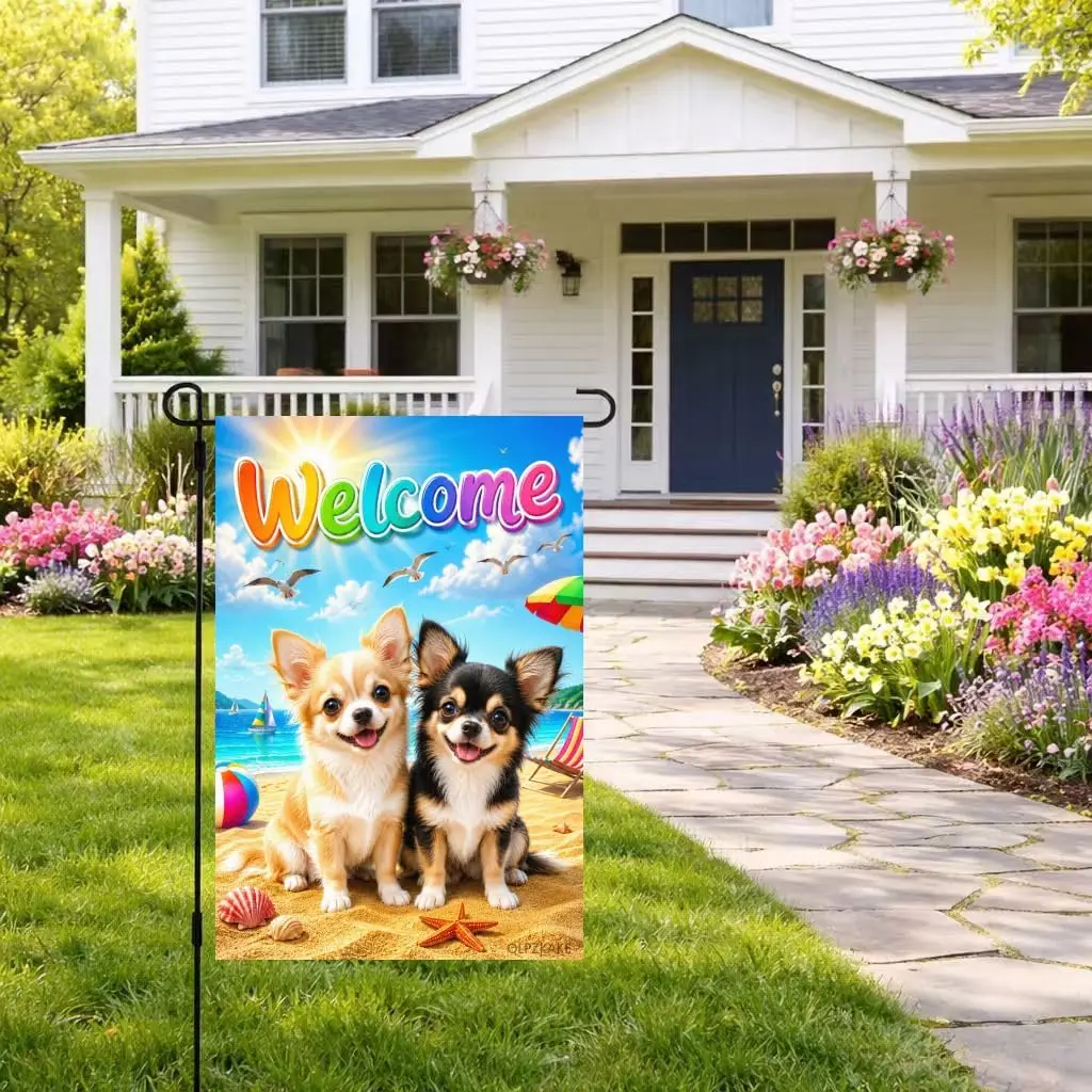 Summer Beach Chihuahua Garden Flag 12x18 In Double Sided Small Welcome Funny Chihuahua Puppies Dog Garden Yard Flag for Spri yyi