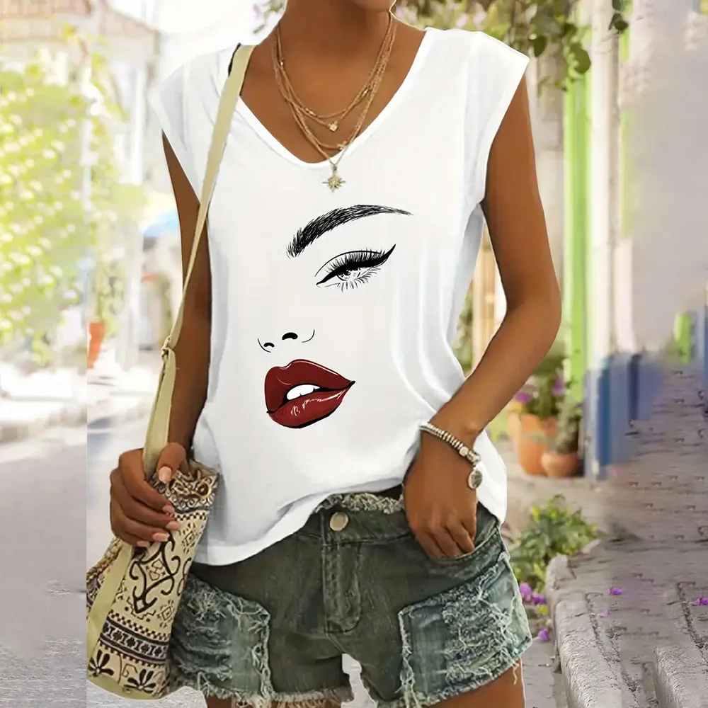 

Футболка женская с абстрактным принтом лица, модный винтажный Топ без рукавов, повседневная спортивная одежда, лето-весна