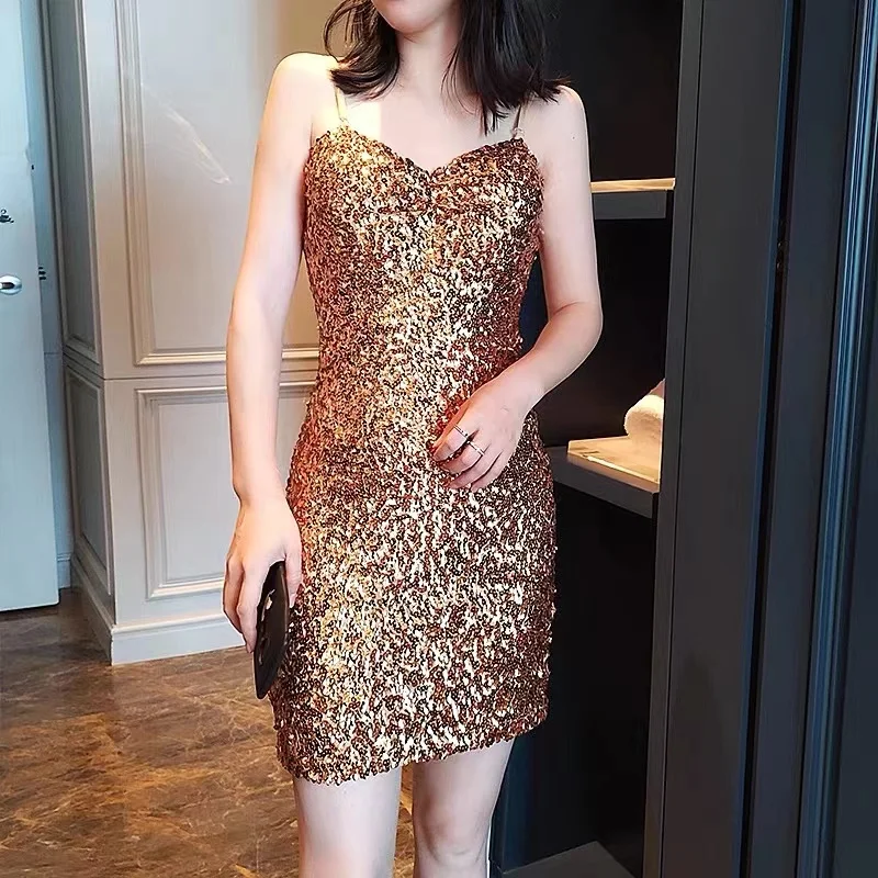 Women Sequined Strap Dress Summer Sexy Elegant Backless Party Dress KoreanPencil Dress Night Club Style