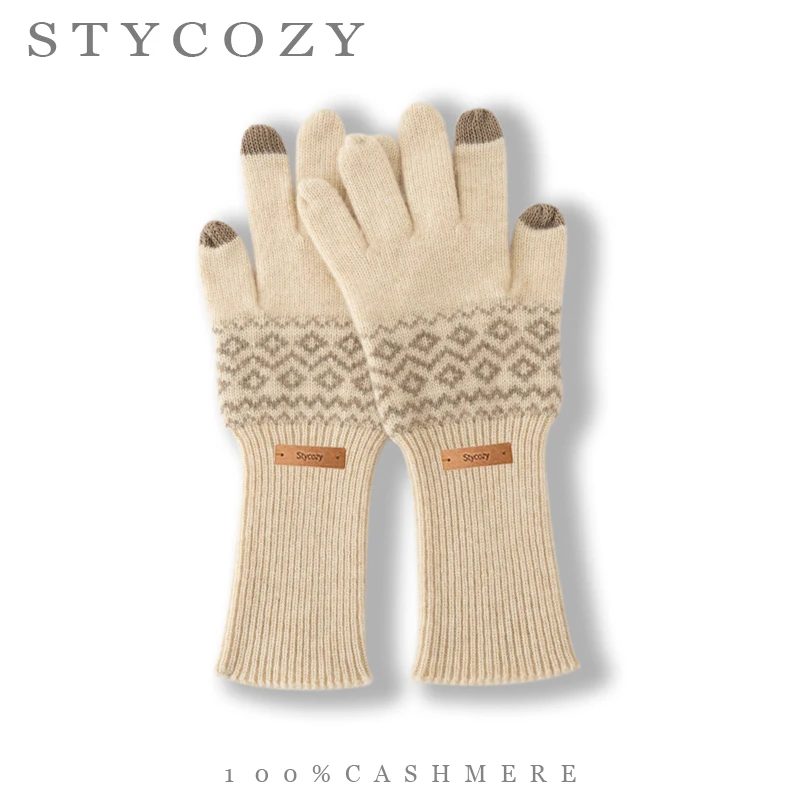 Women's 100% Cashmere Jacquard Thick 5-Gauge Knit Gloves Winter Windproof Warm Extra-Long Wrist Cuffs Touchscreen Fingered Mitts
