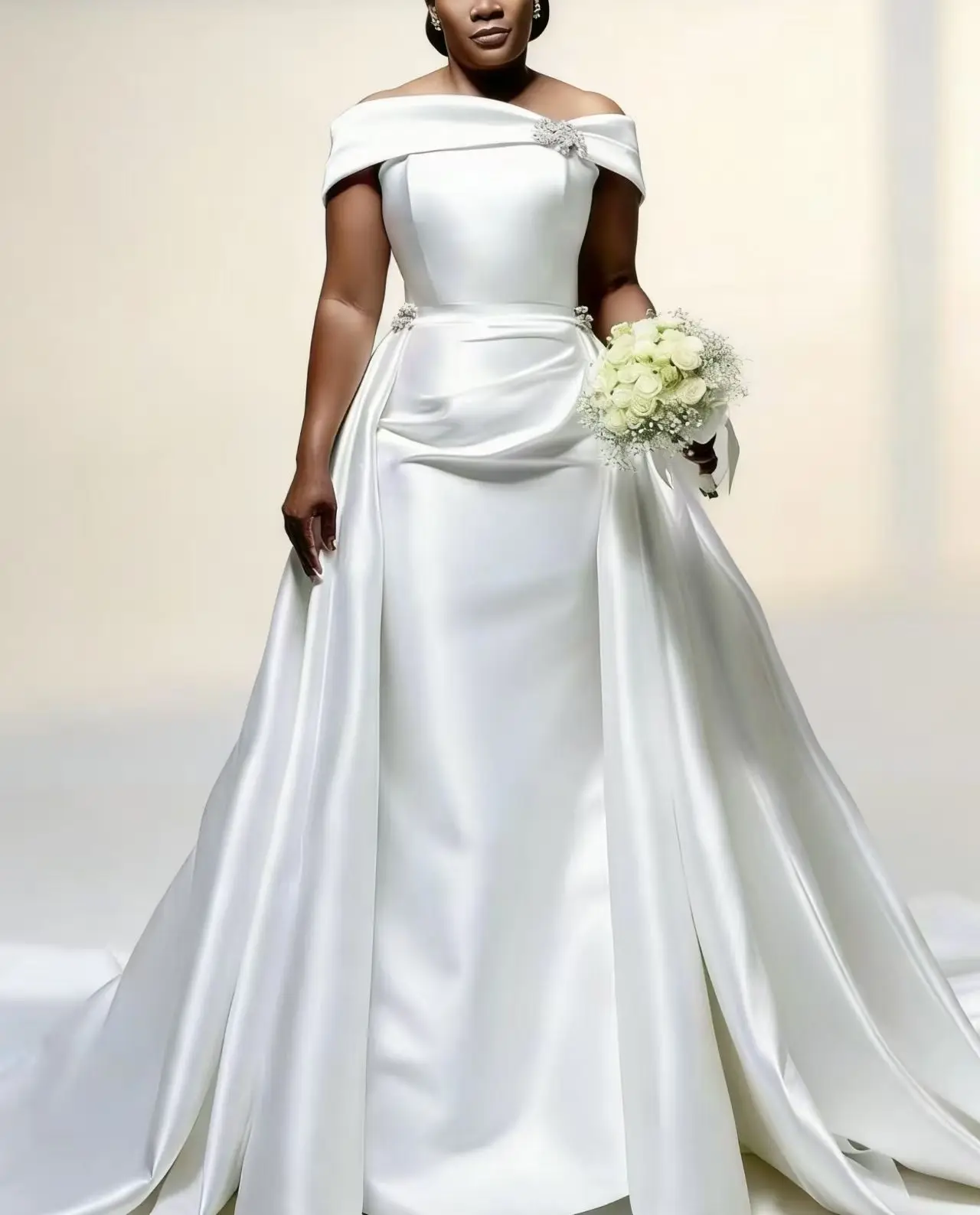 Customized Off the Shoulder Sparkly Crystals  Mermaid Wedding Dress with Overskirt  Robe De Marriage Stunning  Bridal  Gowns