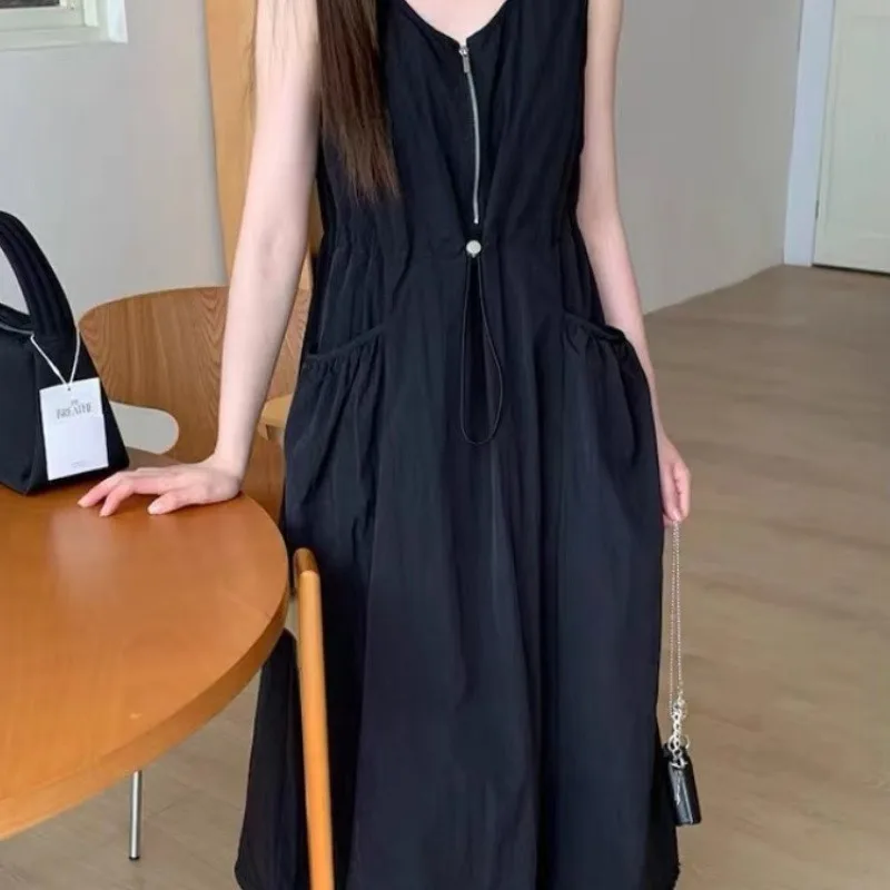 Women's Plus Size Zip Front Drawstring Waist Tank Dress Loose Casual Midi Dress