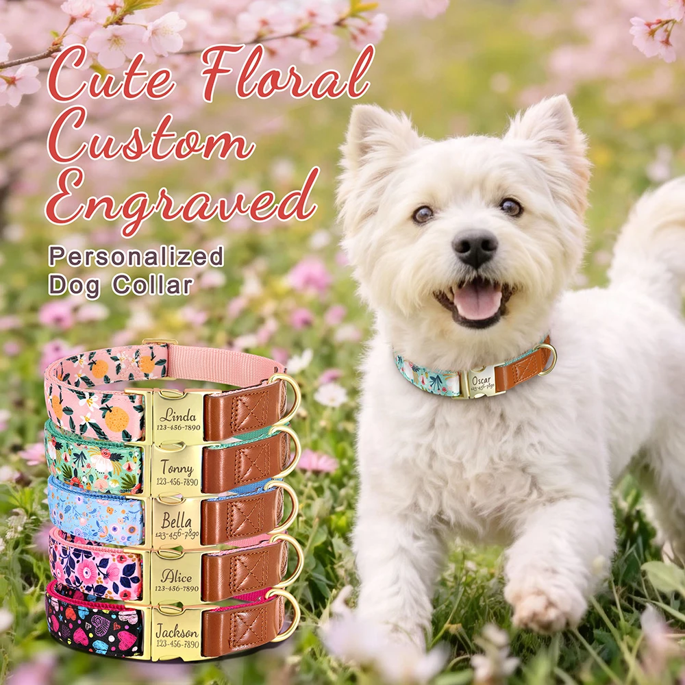Collar de nailon personalizado para perros, collares florales suaves para perros, collar personalizado gratuito para mascotas, 3 opciones de grabado en fuente para perros pequeños y grandes, Pug