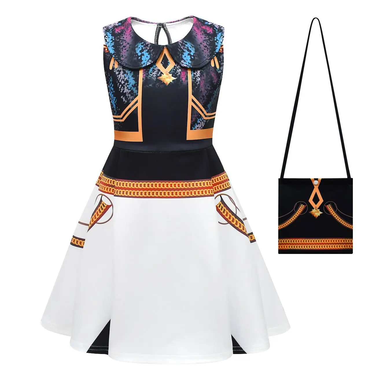 

Sleeveless Children Birthday Dress Halloween Costumes Kids K-Pop Witch Hunter Cosplay Costume Print Dress+Bag 2Pcs Girl Clothes