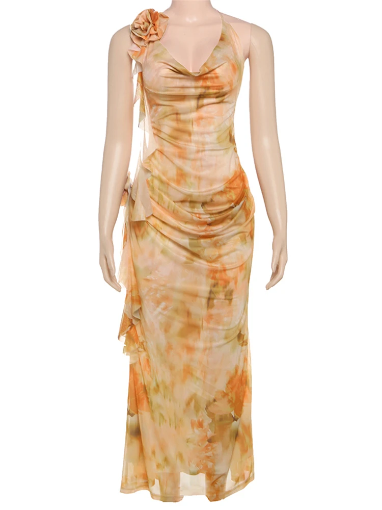 Seltsame Puss Tie-Dye Mode Maxi Kleid Frauen Applique Spitze-Up Halter Rüschen Quaste Urlaub Strand Party Geraffte elegante Vestidos