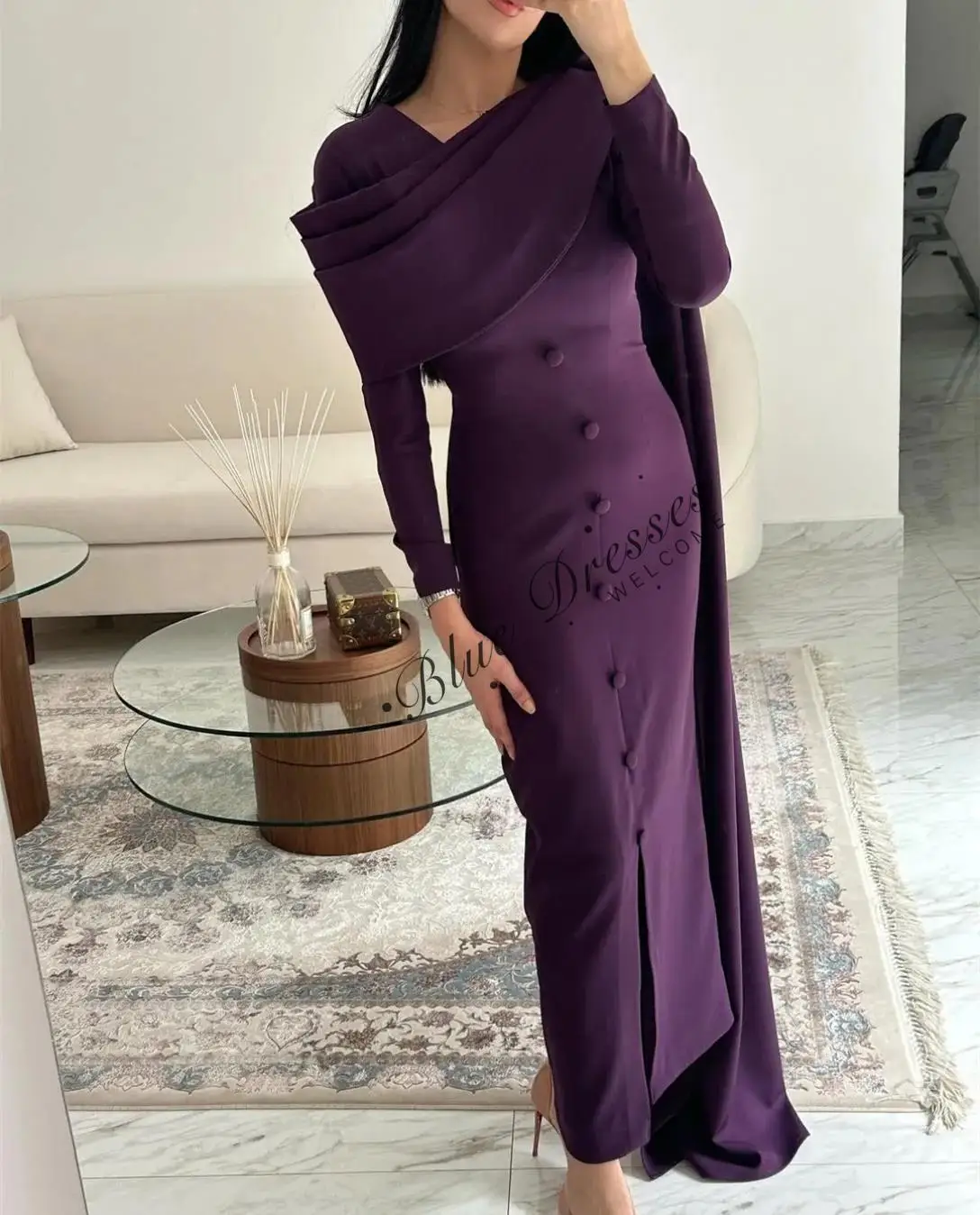 

Customized Long Grape Evening Dresses with Slit/Buttons Mermaid V-Neck Ankle Length فساتين سهرة Prom Dresses for Women