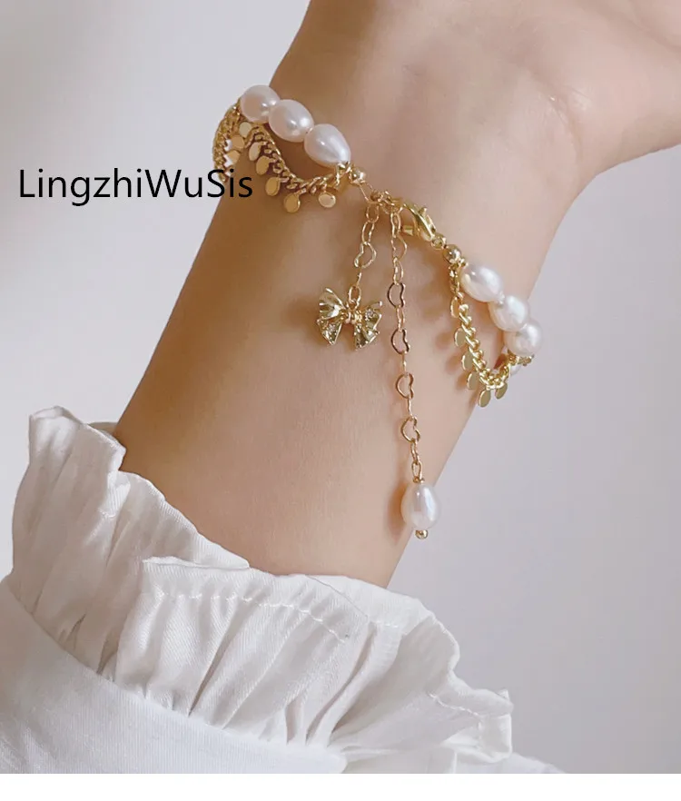 

LingzhiWuSis Original Design Golden Vintage Pearls Chain 2024 Luxury Bow Tassel Female Handmade Decoration Bracelet New Arrival