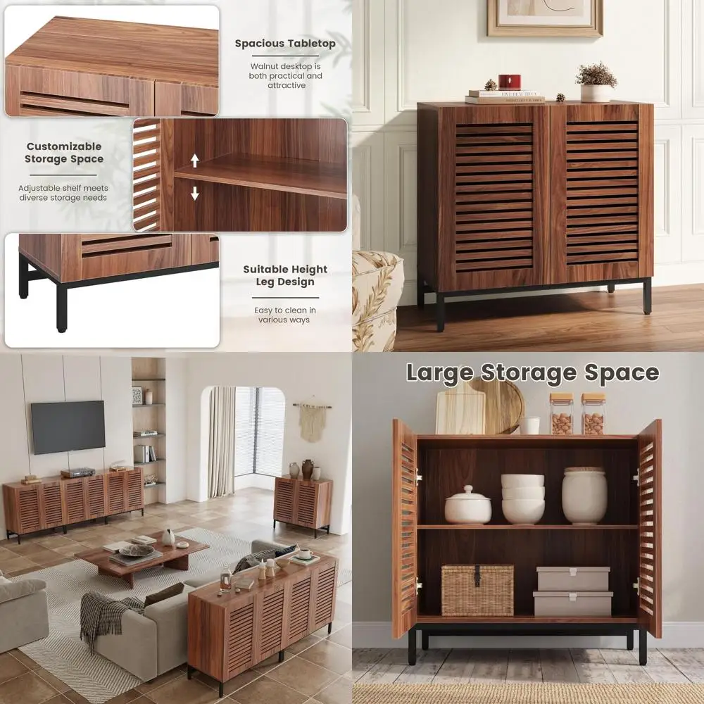 

Буфет с дверцами в полоску под орех и регулируемой полкой для кухни, столовой, гостиной и прихожей