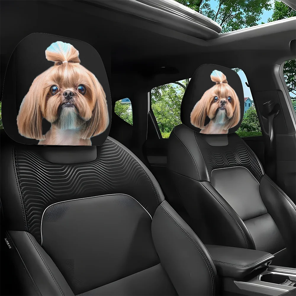 2pcs, Cute Shih Tzu Printed Car Headrest Covers, Interior Decoration, Easy To Manage, Relieve Driving Fatigue, Easy To Install,