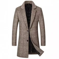 2024 New Style Thickened Cotton-Padded Plaid Wool Coat, Men Mid-Long Windbreaker, Slim Fit Lapel Outerwear for Autumn and Winter
