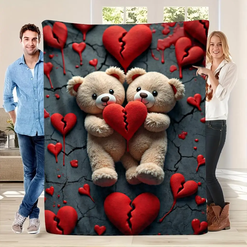 Sweet red heart & teddy bear Flannel printed blanket suitable for all seasons suitable for living room office sofa and travel