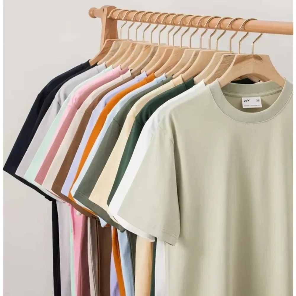 Combed cotton pure cotton double yarn short sleeved t-shirt men's trendy brand solid color round neck top